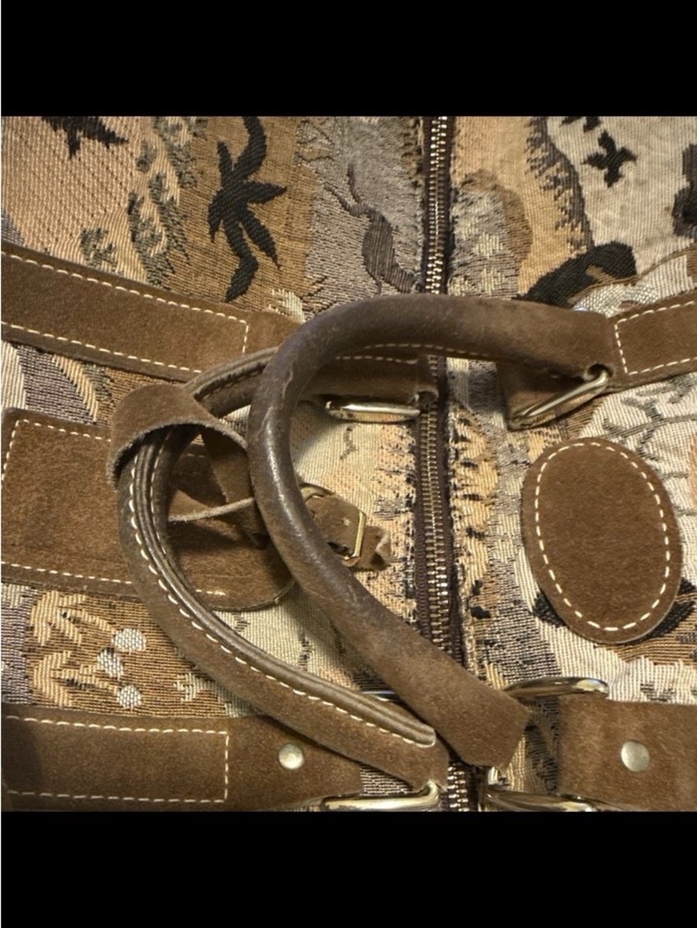Vintage French western Tapestry Travel Tote Bag in Brown with suede Leather Trim - Picture 5 of 5